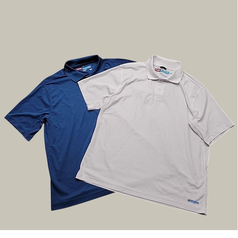 Lot of 2 Wrangler Shirts Mens L Blue Breathe-Dri Performance Polo Short Sleeve